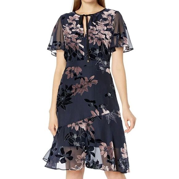 NWOT Sam Edelman Burnout Flutter Sleeves Velvet Floral Flare Sheath Hem Dress 4 - Picture 1 of 16